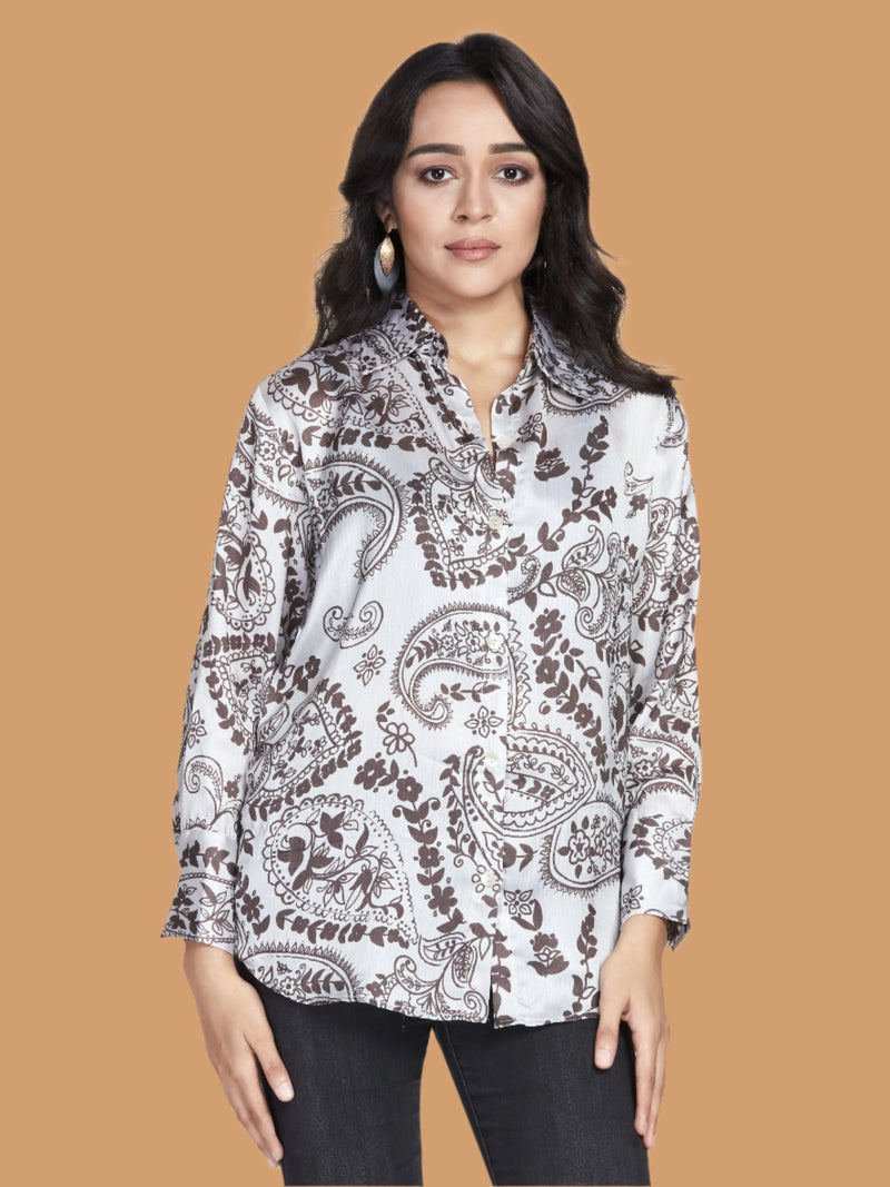 Brown Abstract Print Satin Shirt