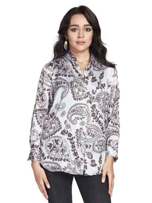 Brown Abstract Print Satin Shirt