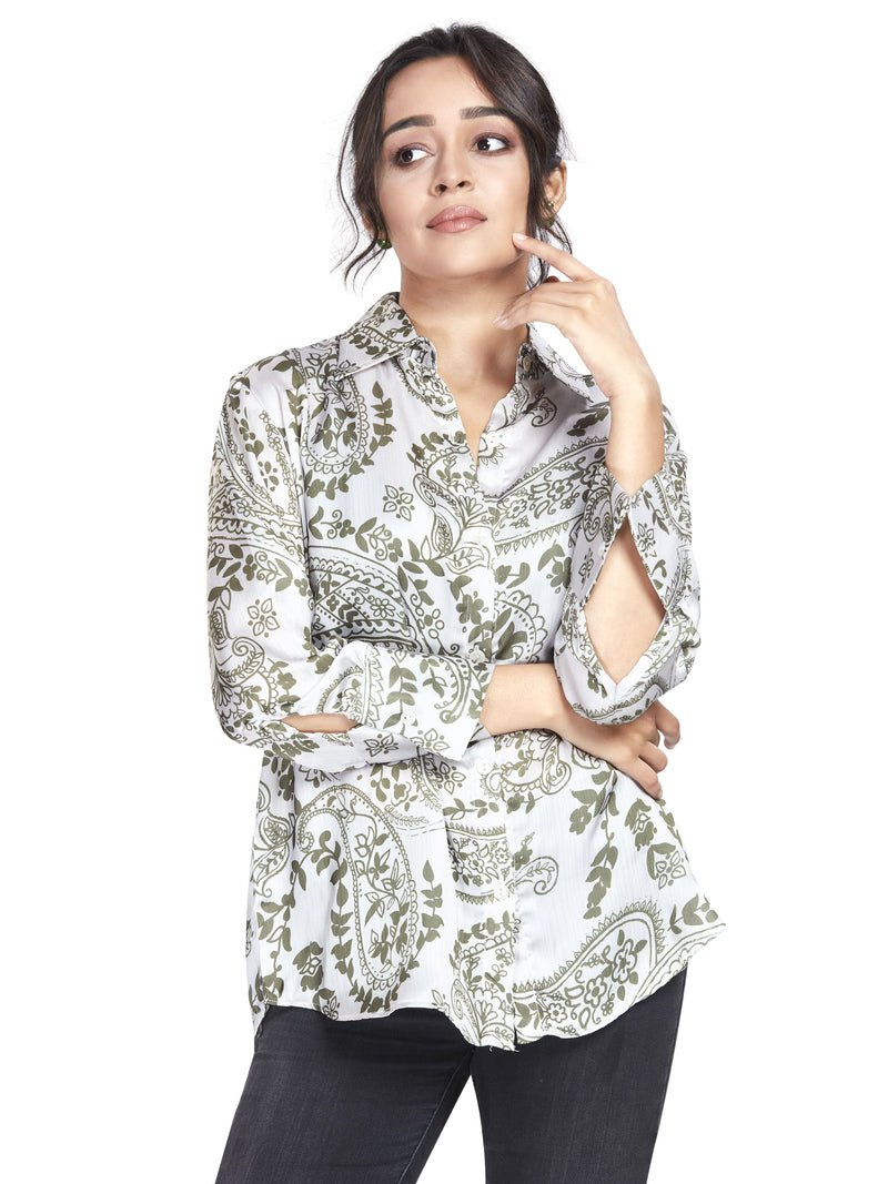 Green Abstract Print Satin Shirt