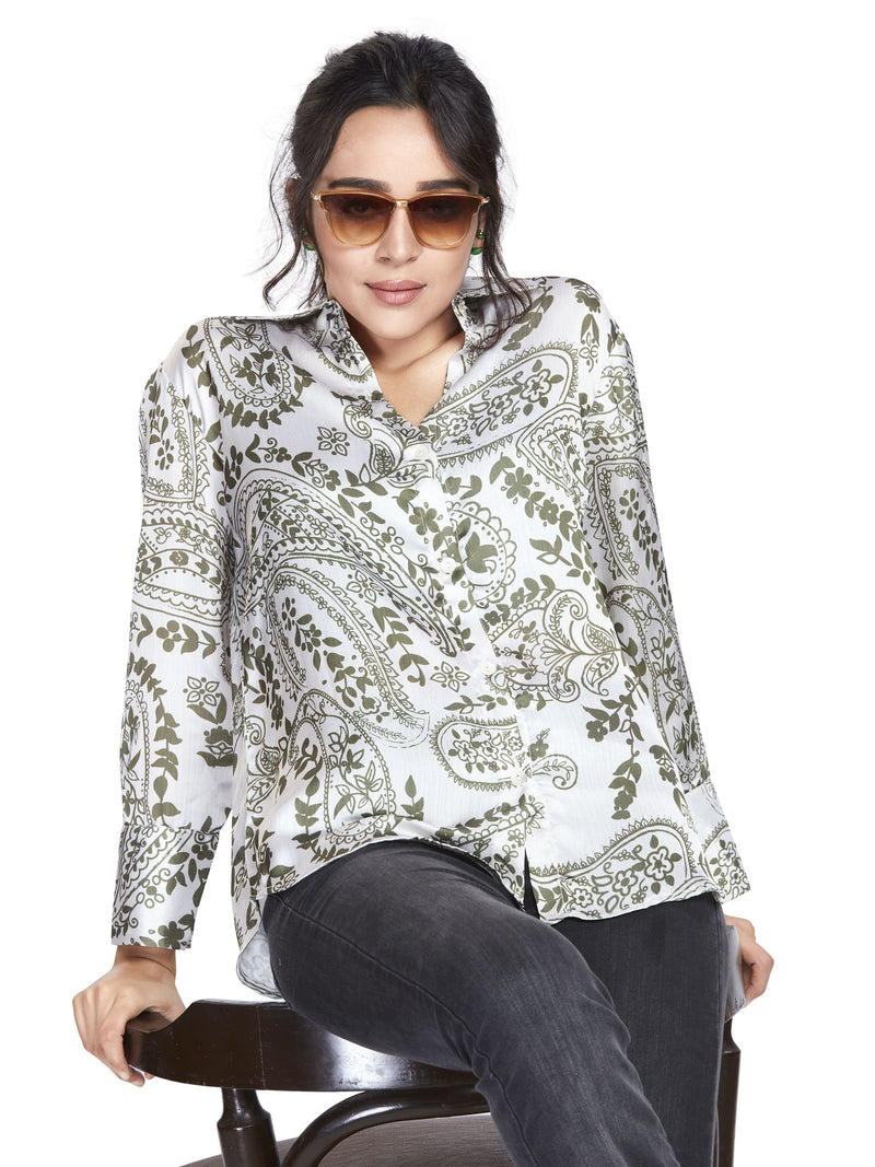 Green Abstract Print Satin Shirt