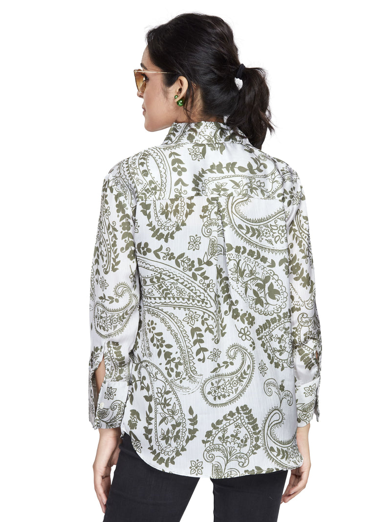 Green Abstract Print Satin Shirt