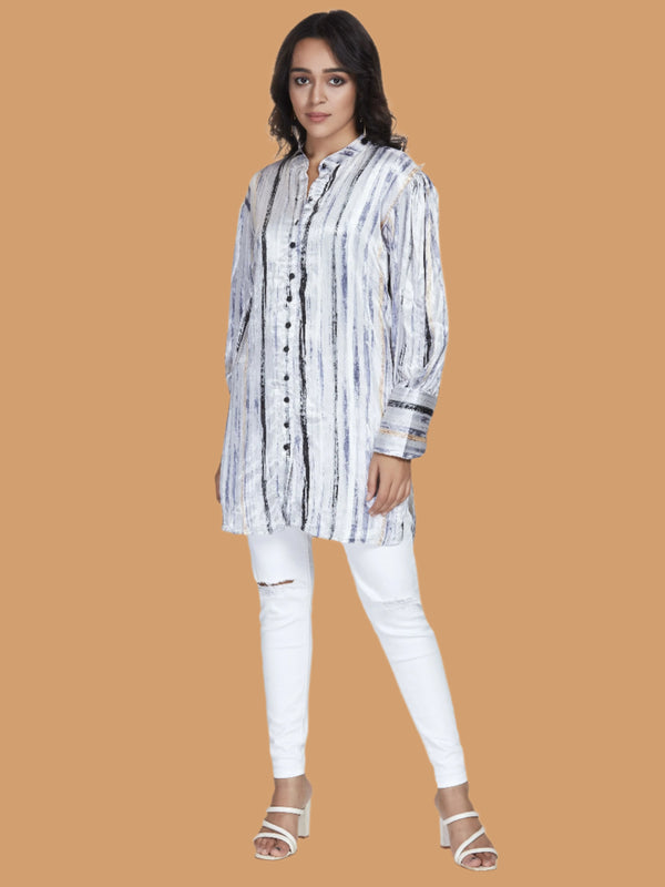 Grey Long Satin Stripe Shirt