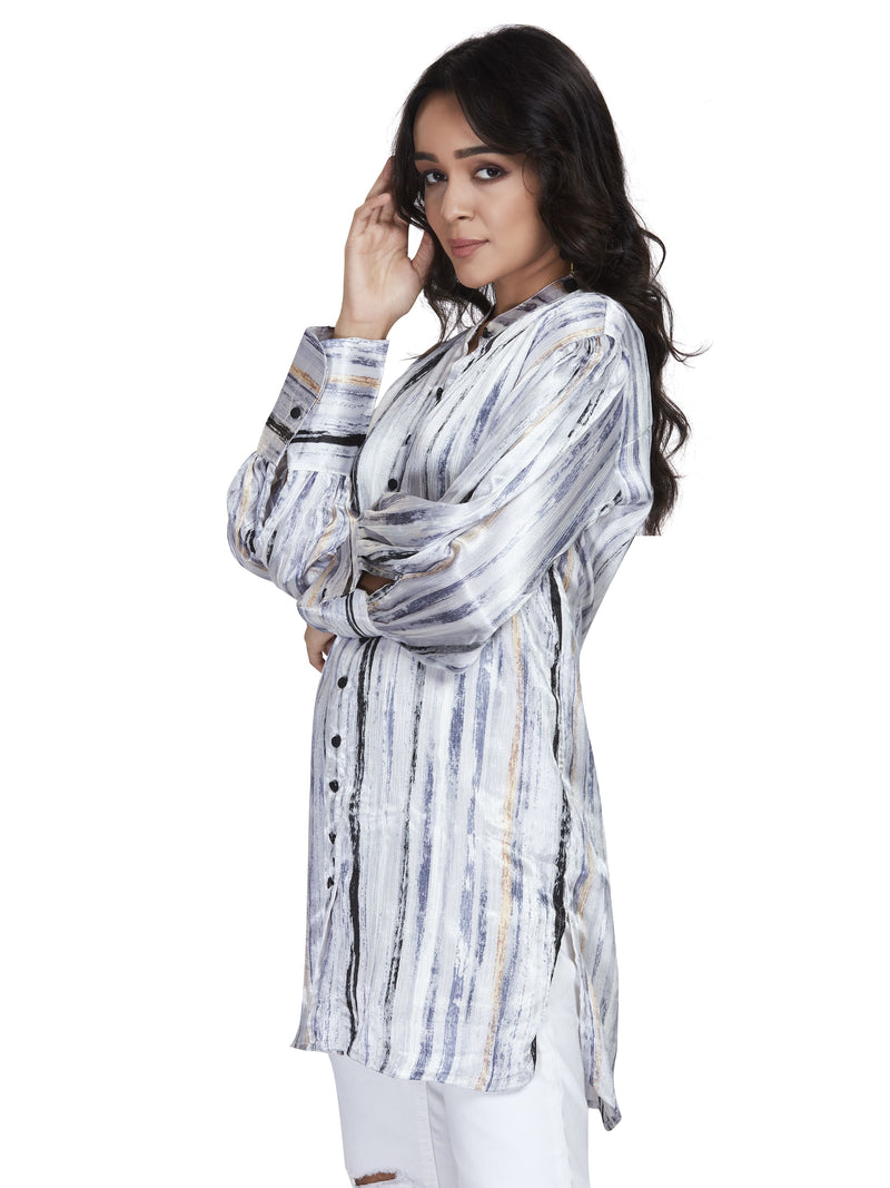 Grey Long Satin Stripe Shirt