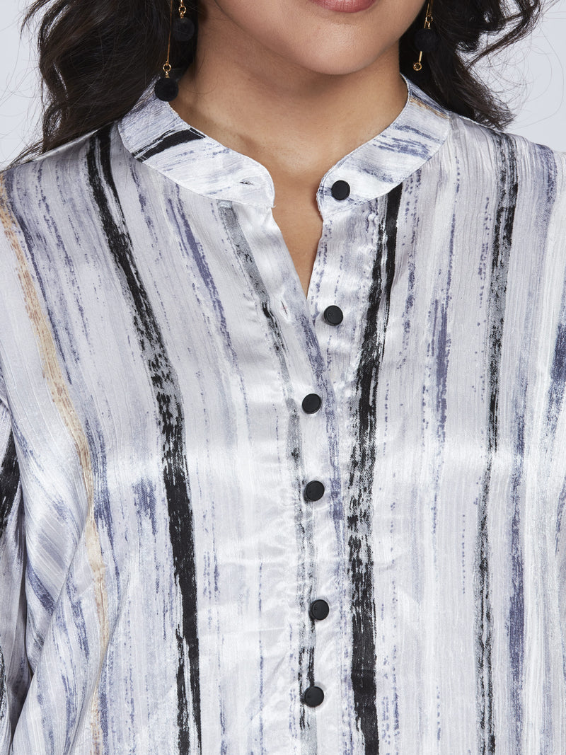 Grey Long Satin Stripe Shirt