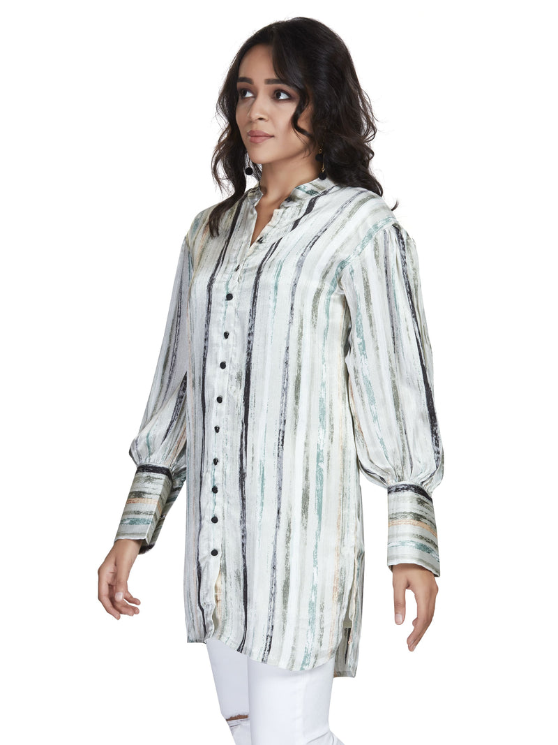 Green Long Satin Stripe Shirt