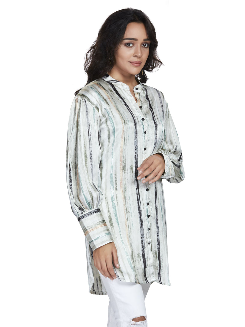 Green Long Satin Stripe Shirt