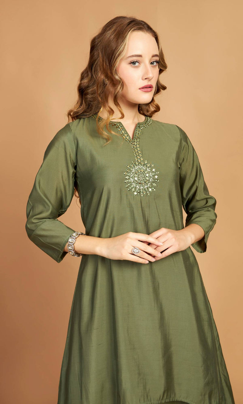 Green Asymmetric Kurti Pant Set