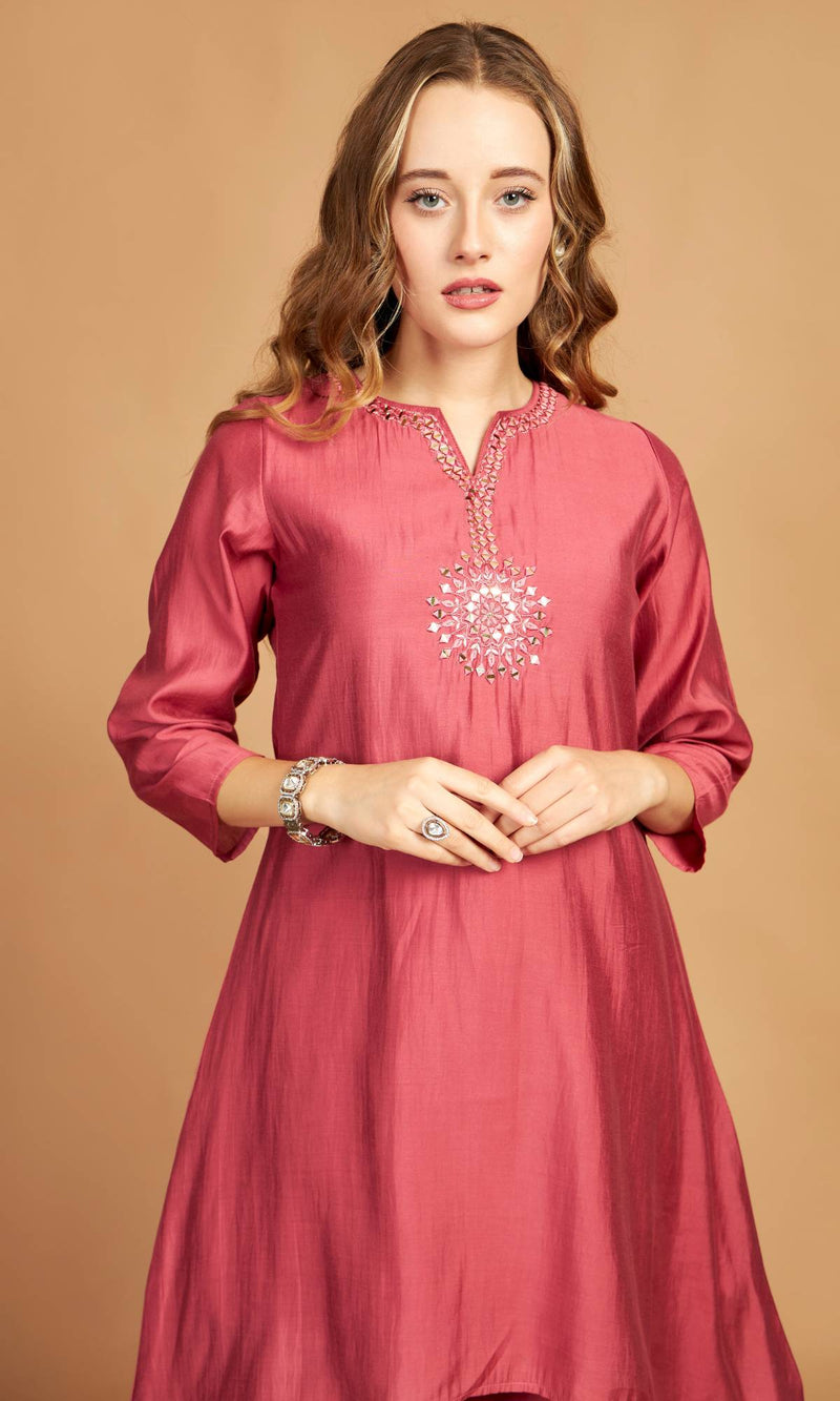 Pink Asymmetric Kurti Pant Set