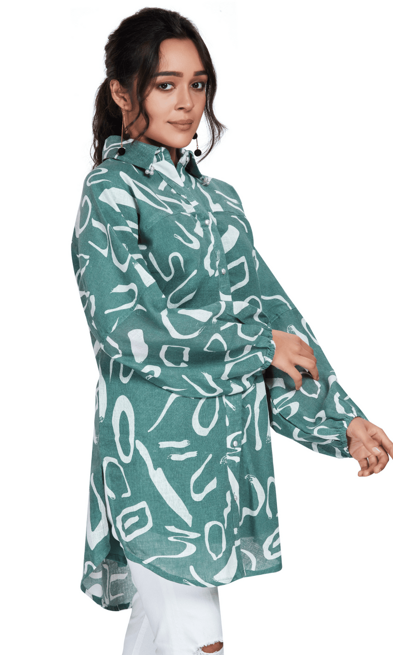 Green Linen Printed Shirt