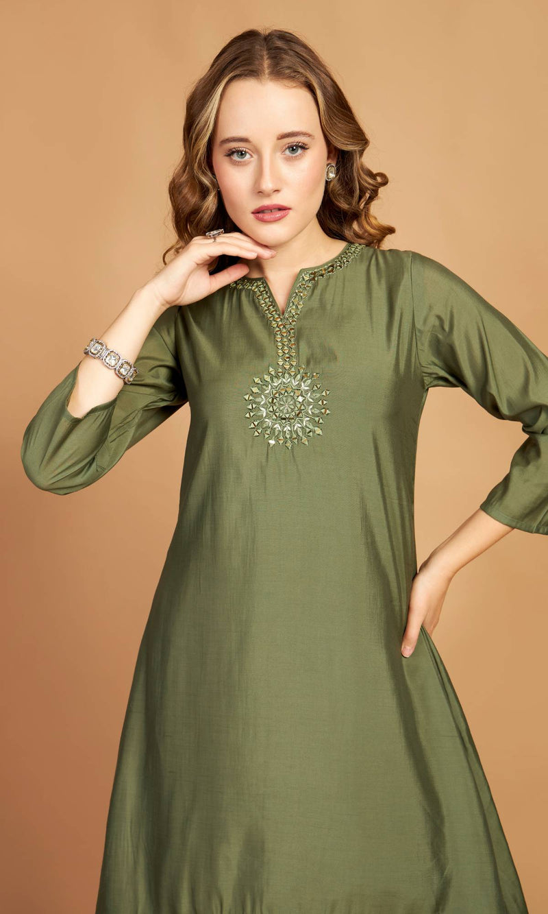 Green Asymmetric Kurti Pant Set