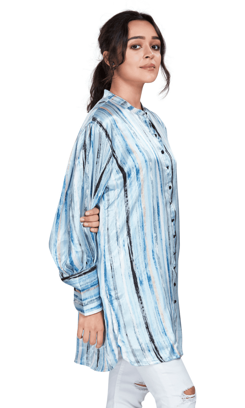 Blue Long Satin Stripe Shirt