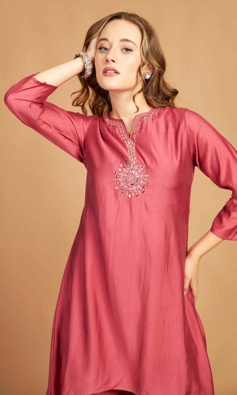 Pink Asymmetric Kurti Pant Set