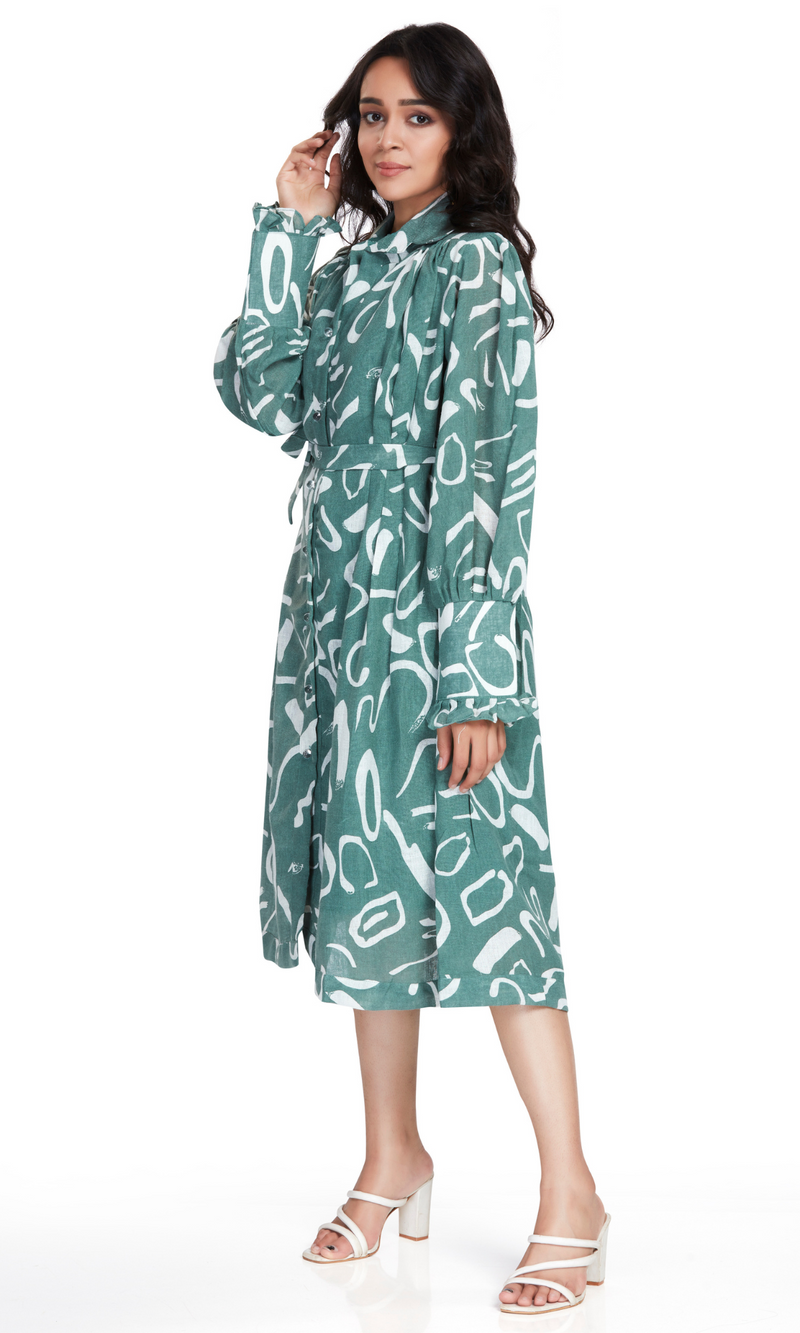 Green Linen Printed Midi Dress