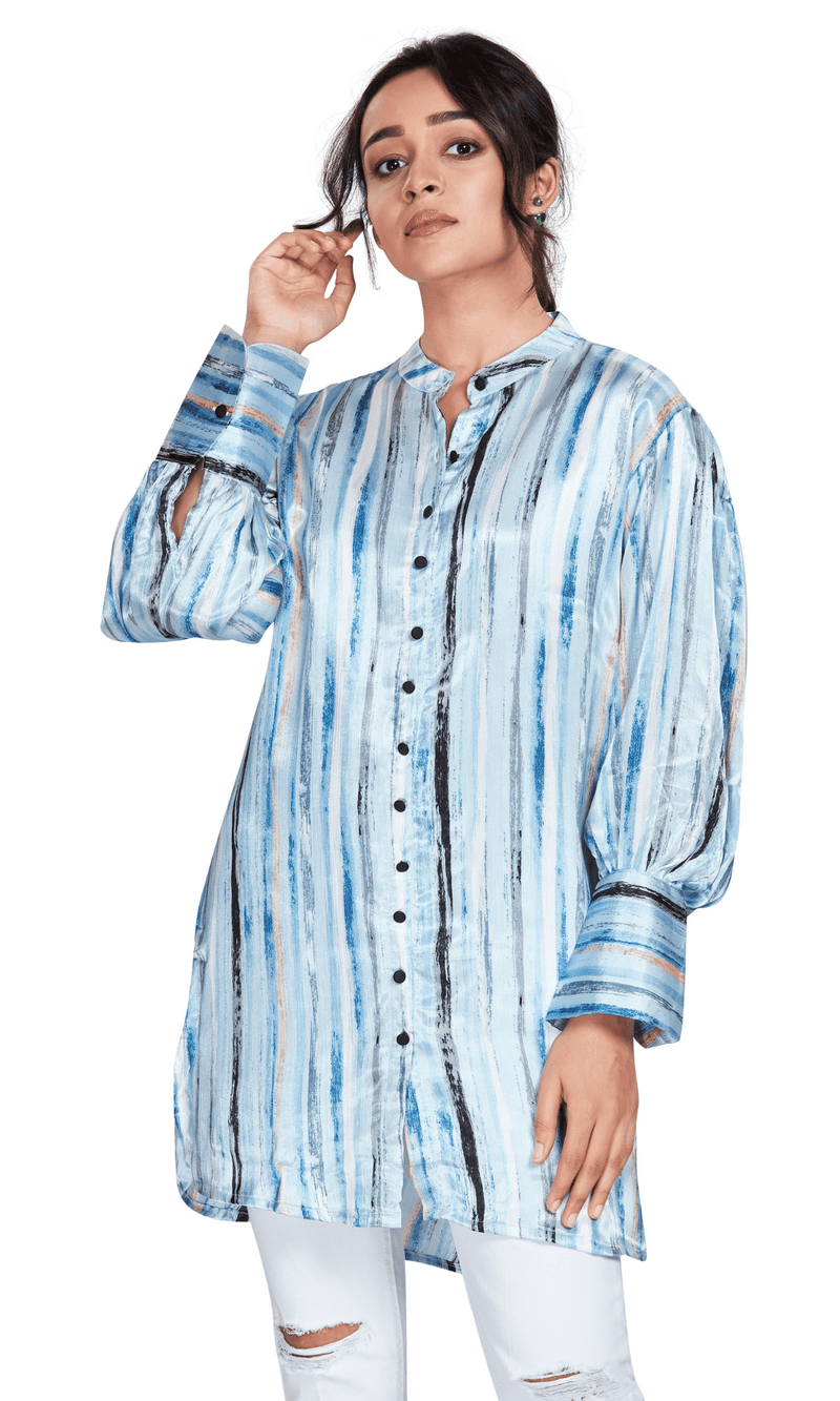 Blue Long Satin Stripe Shirt