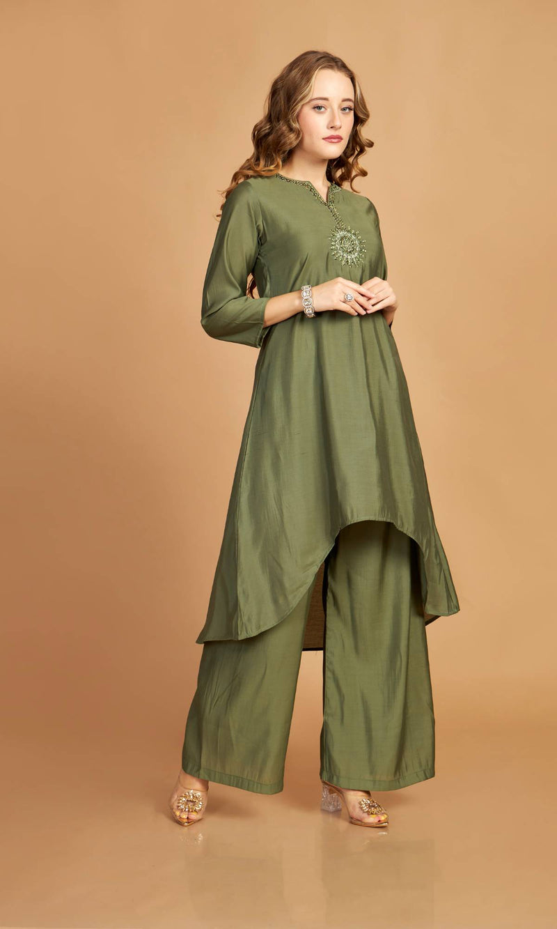 Green Asymmetric Kurti Pant Set