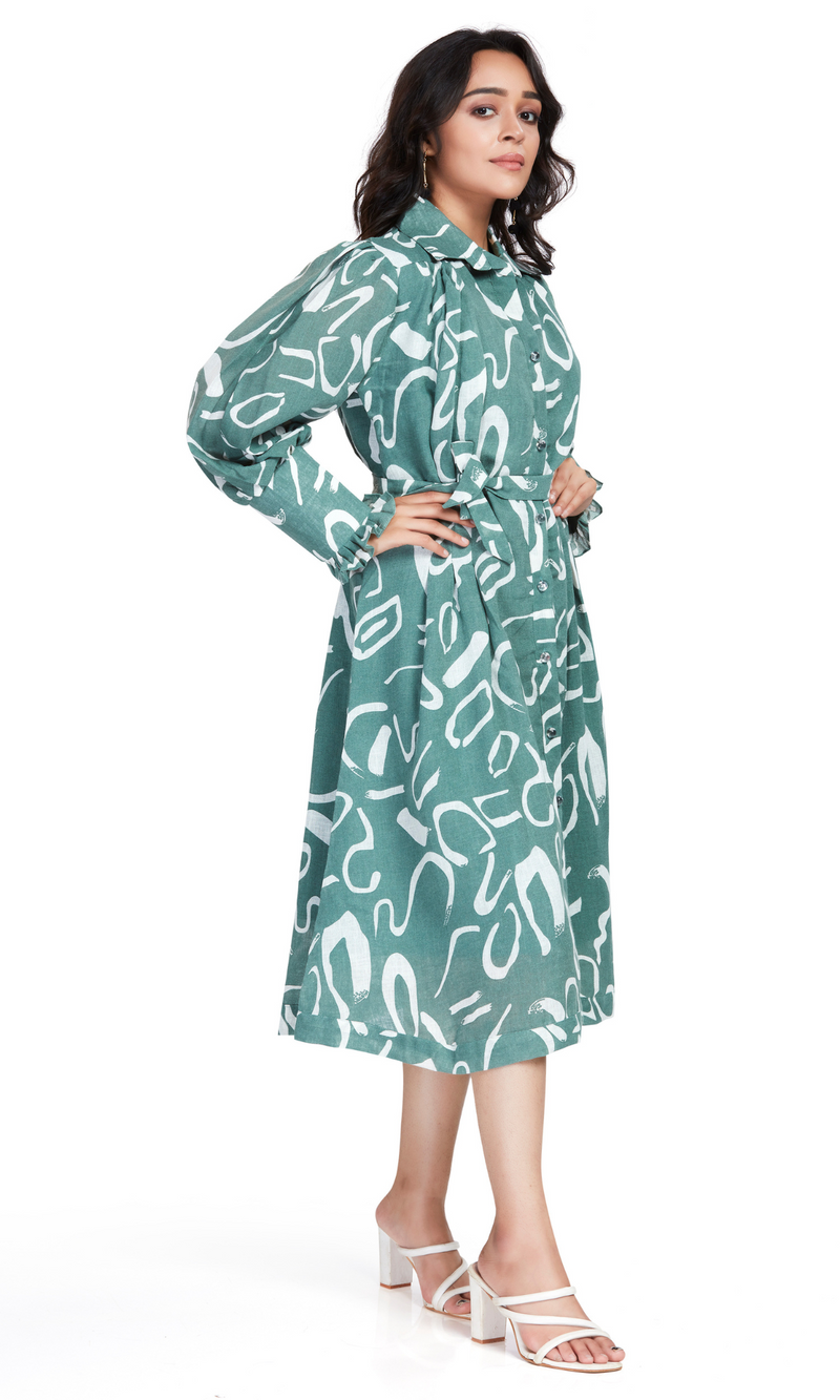 Green Linen Printed Midi Dress