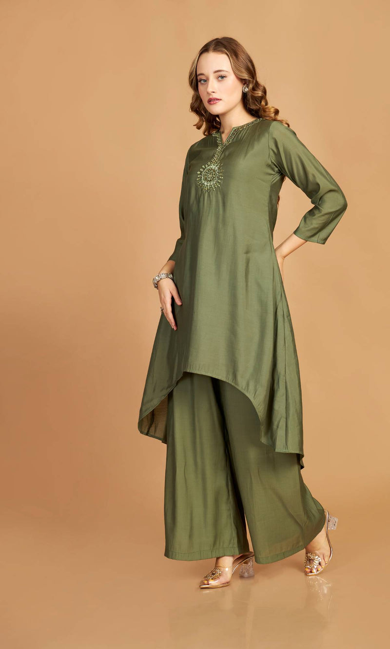 Green Asymmetric Kurti Pant Set