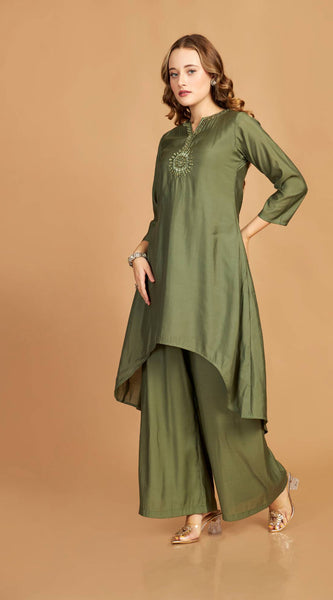 Green Asymmetric Kurti Pant Set