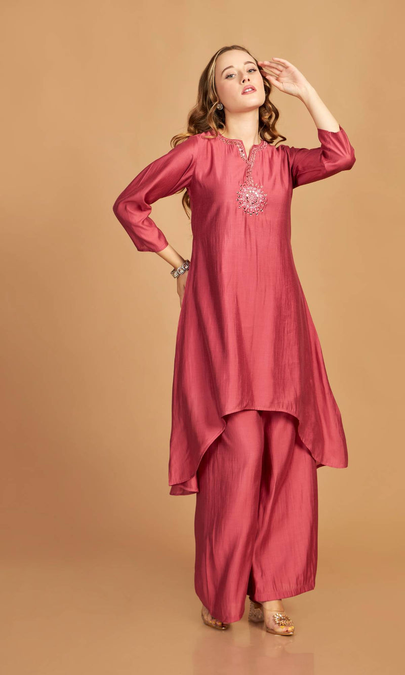 Pink Asymmetric Kurti Pant Set