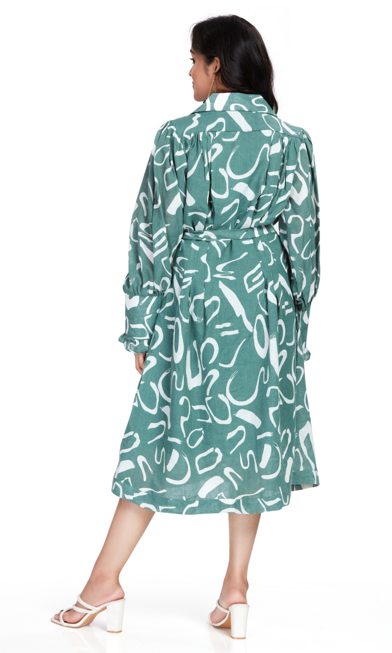 Green Linen Printed Midi Dress