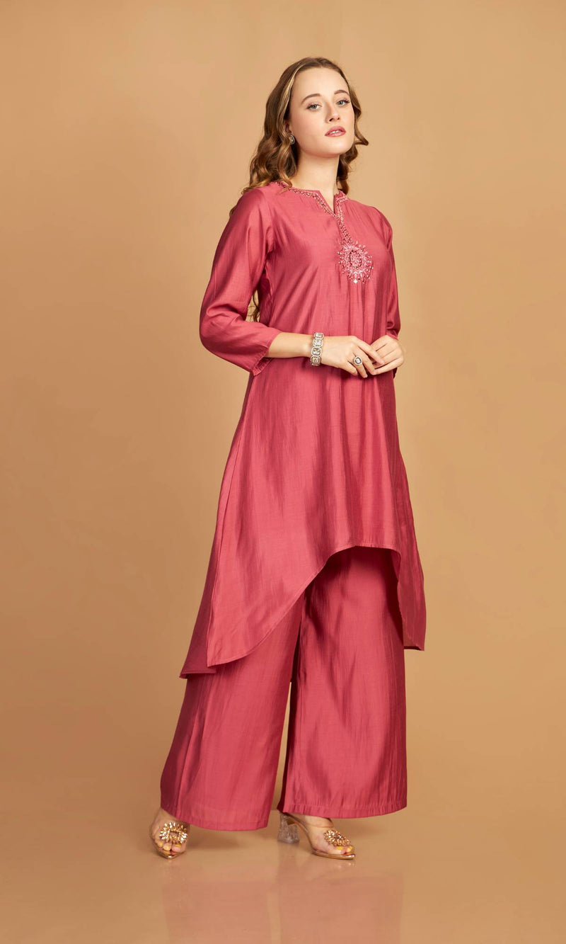 Pink Asymmetric Kurti Pant Set