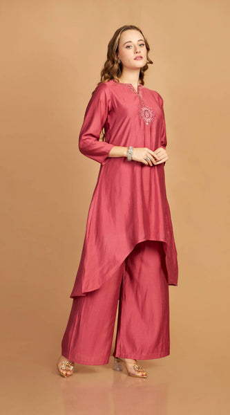 Pink Asymmetric Kurti Pant Set