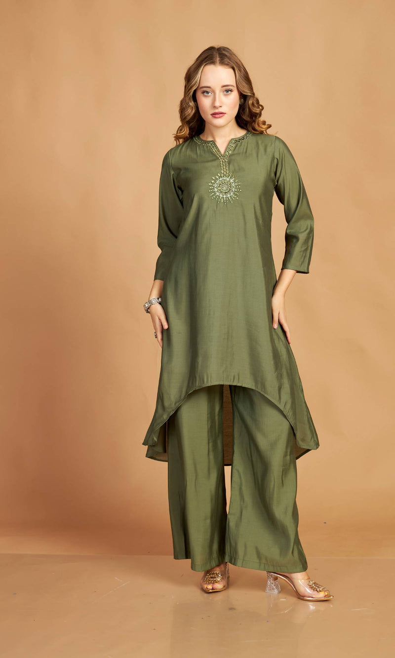 Green Asymmetric Kurti Pant Set