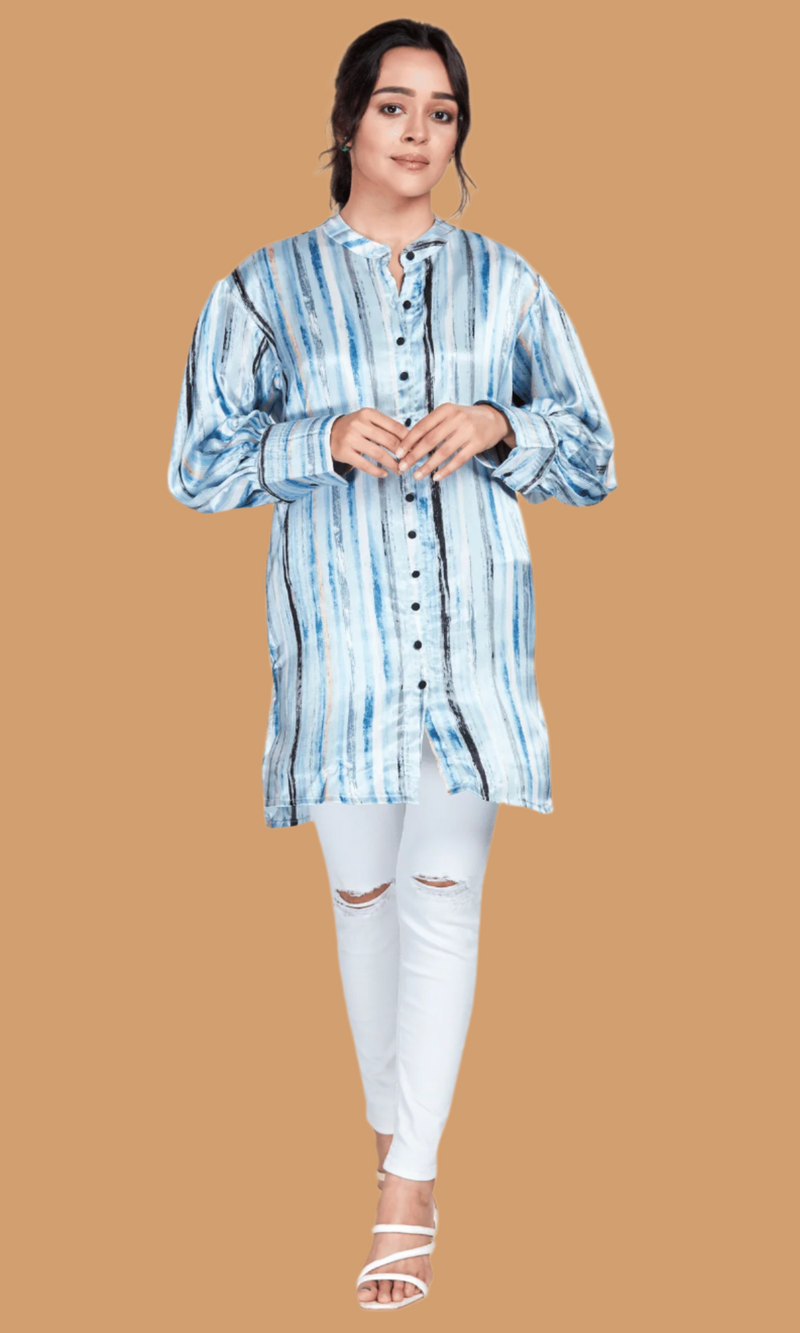 Blue Long Satin Stripe Shirt