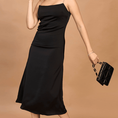 Black Satin Midi Dress