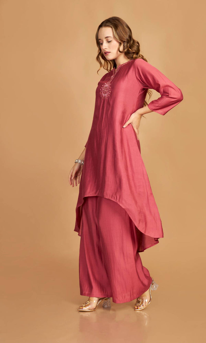 Pink Asymmetric Kurti Pant Set