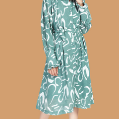 Green Linen Printed Midi Dress