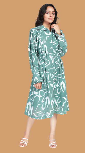 Green Linen Printed Midi Dress