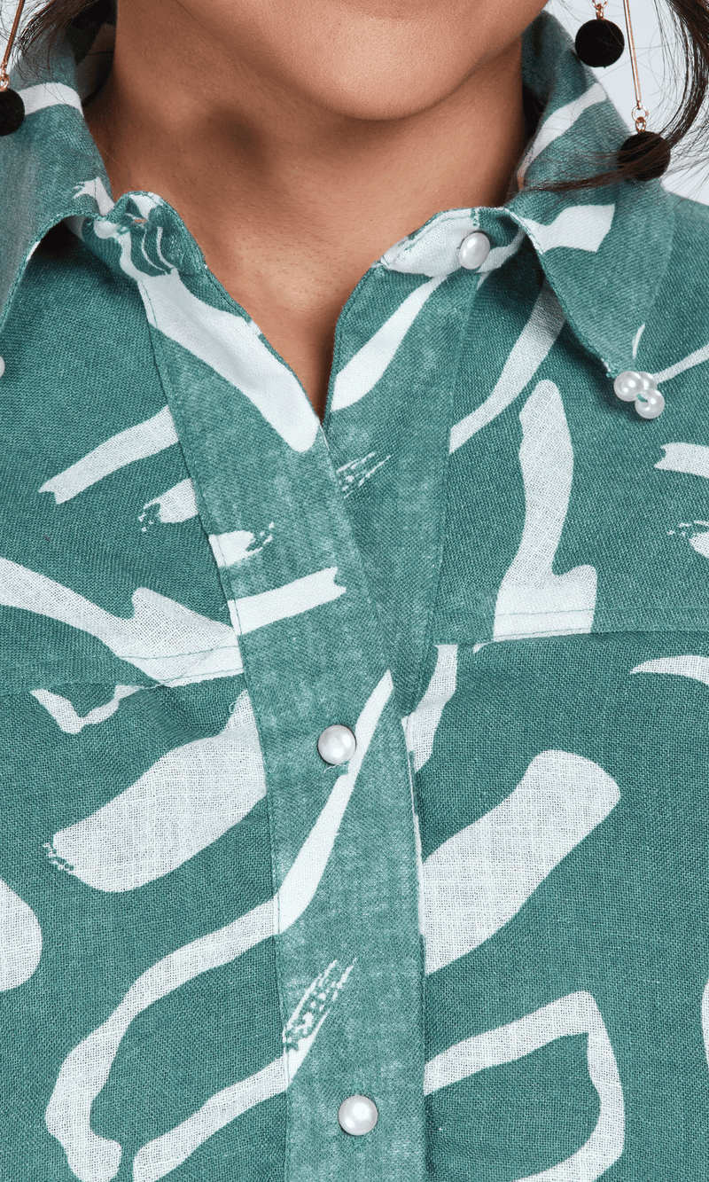 Green Linen Printed Shirt