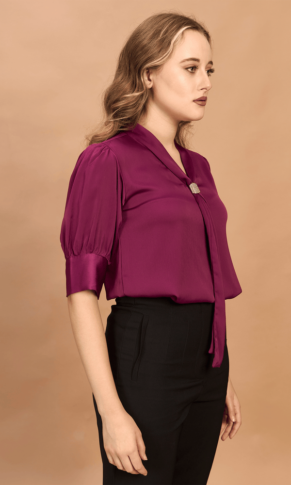 Velour Purple Satin Tie Neck Top